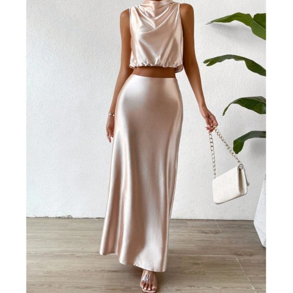 Apricot Elegant Womens Solid Satin Draped Front Blouse & Skirt - Picture 2 of 4